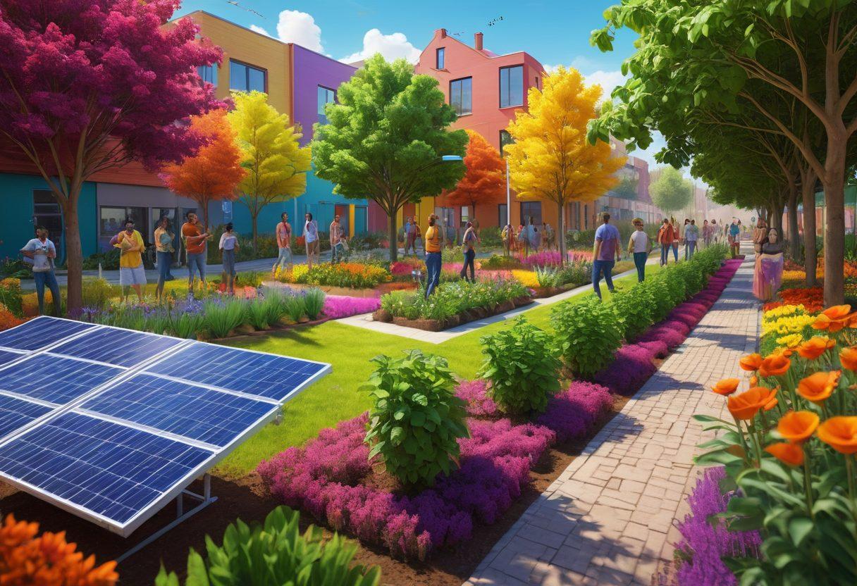 A vibrant illustration depicting a diverse group of LGBTQ+ activists planting trees in a colorful urban garden with solar panels and wind turbines in the background. The scene should convey unity, hope, and sustainability, featuring bright flowers and bees, symbolizing a harmonious ecosystem. Include rainbow flags subtly integrated into the environment, representing pride in ecological efforts. The image should evoke a sense of community and positive change. vibrant colors. 3D.