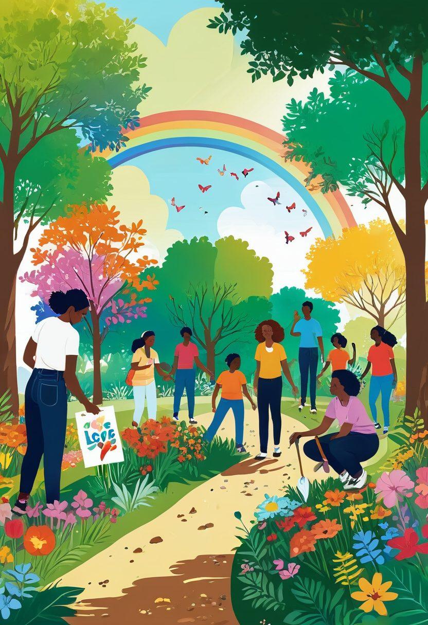 A vibrant illustration showcasing a diverse group of queer activists joyfully planting trees in a lush green park. The scene is filled with colorful banners promoting love and sustainability, with hearts and flowers intertwined. Sunshine peeks through the leaves, symbolizing hope and renewal. Include a rainbow-colored path leading to a vibrant community garden. bright colors. nature-inspired. whimsical art.