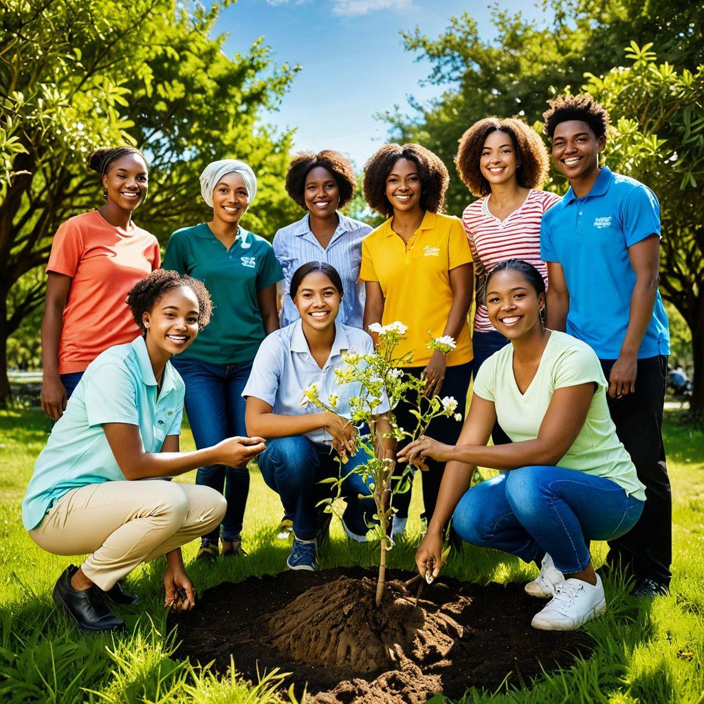 A vibrant, multicultural group of individuals joyfully engaging in eco-friendly activities such as planting trees, recycling, and using sustainable products in a lush green environment. Diverse attire representing various cultures, surrounded by blooming flowers and a clear blue sky, symbolizing unity in sustainability. Warm sunlight filters through the trees, enhancing the sense of hope and community. vibrant colors. super-realistic.